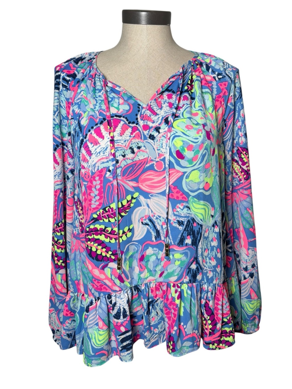 Lilly Pulitzer Small Multicolor Floral Peplum Ruffle Tunic Blouse Tropical